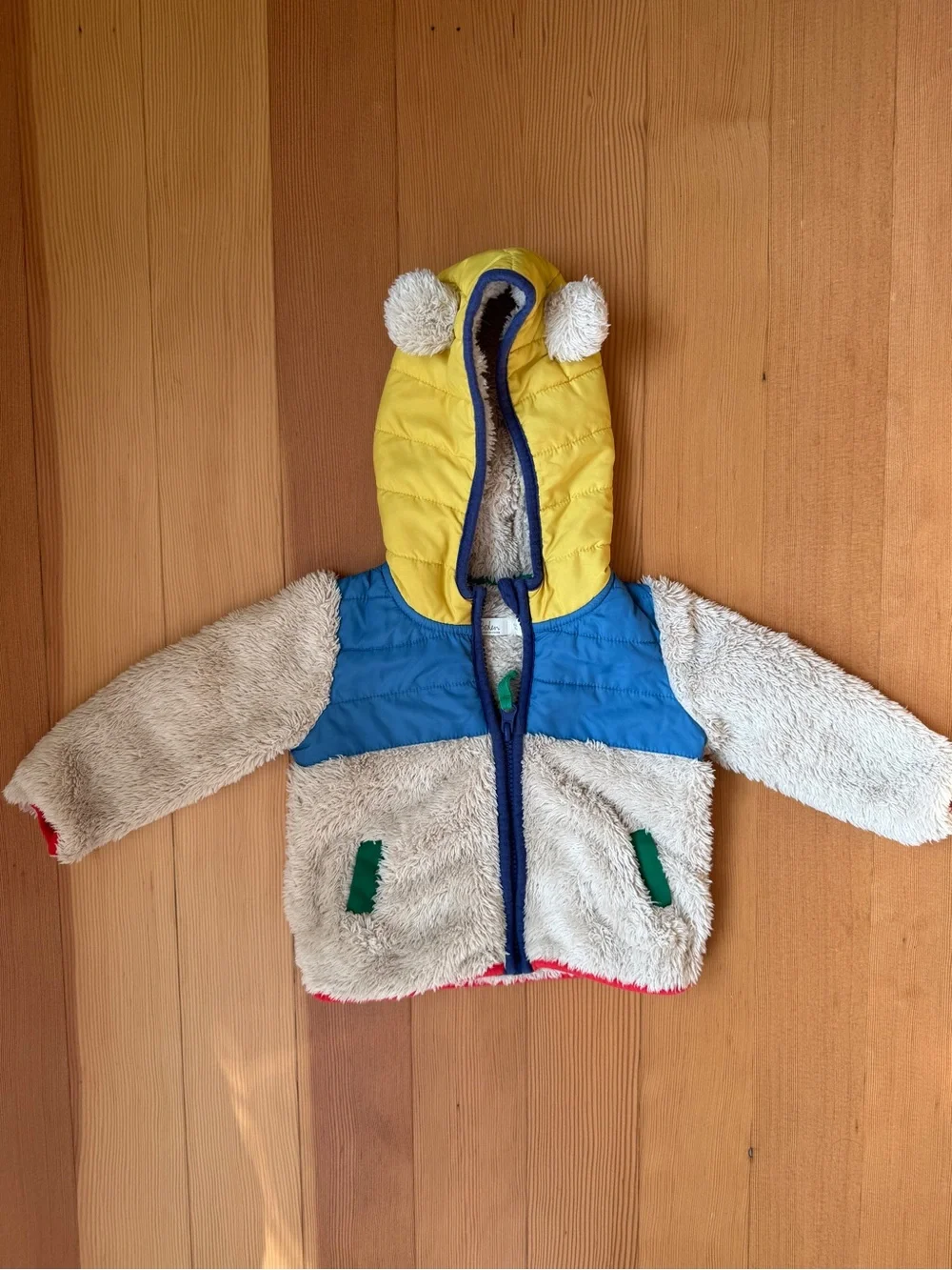 Baby Boden Sherpa Fleece Hoodie Jacket 6-9M Colorblock Pom Pom Bear Ears
